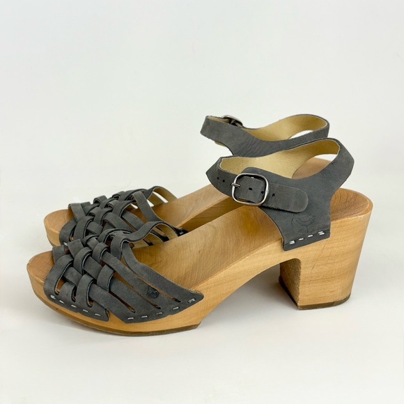 Kulik Swedish Handmade Gray Leather Basket Wooden Sandal Clogs Womens EU 37 US 7 - Picture 9 of 16